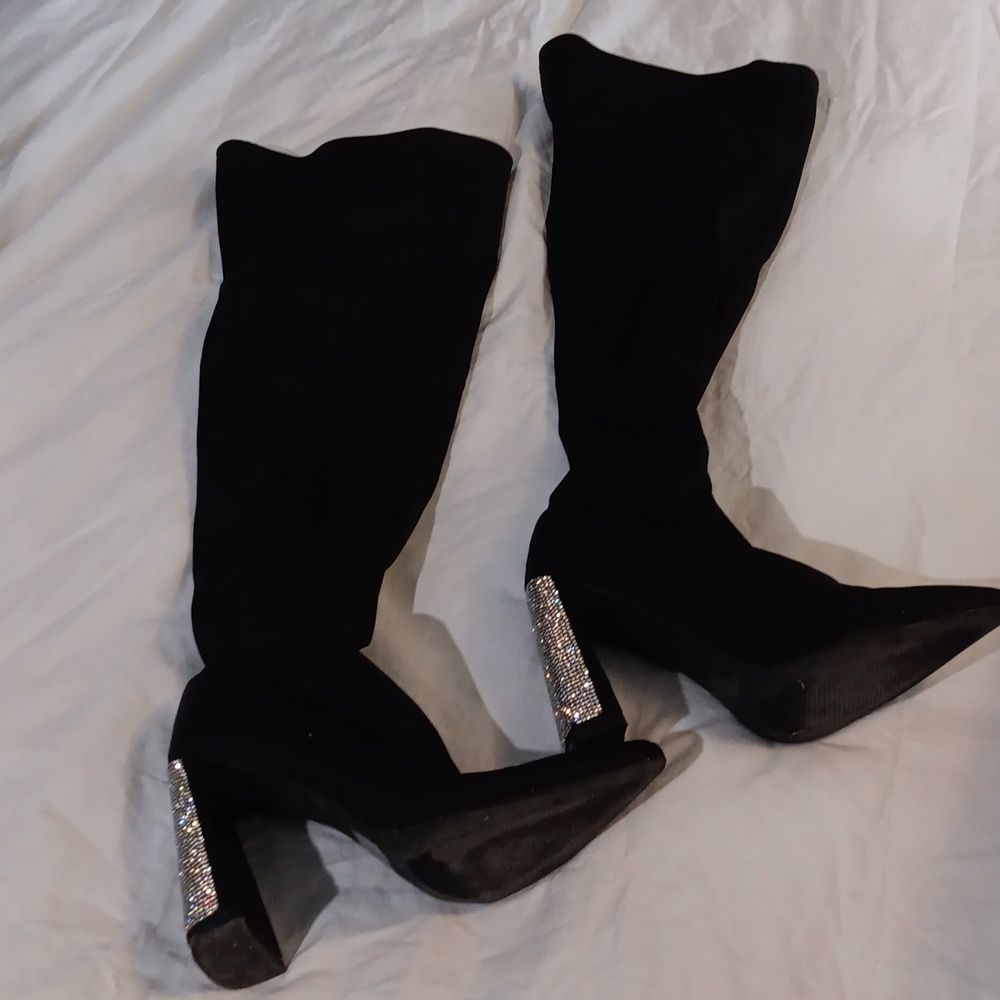 Women's black high knee sexy boots with rhinestone heels